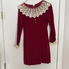 Vtg 1960's RED VELVET EMPIRE WAIST DRESS 70's Carol Brent Lace Collar Cuff Sz M?