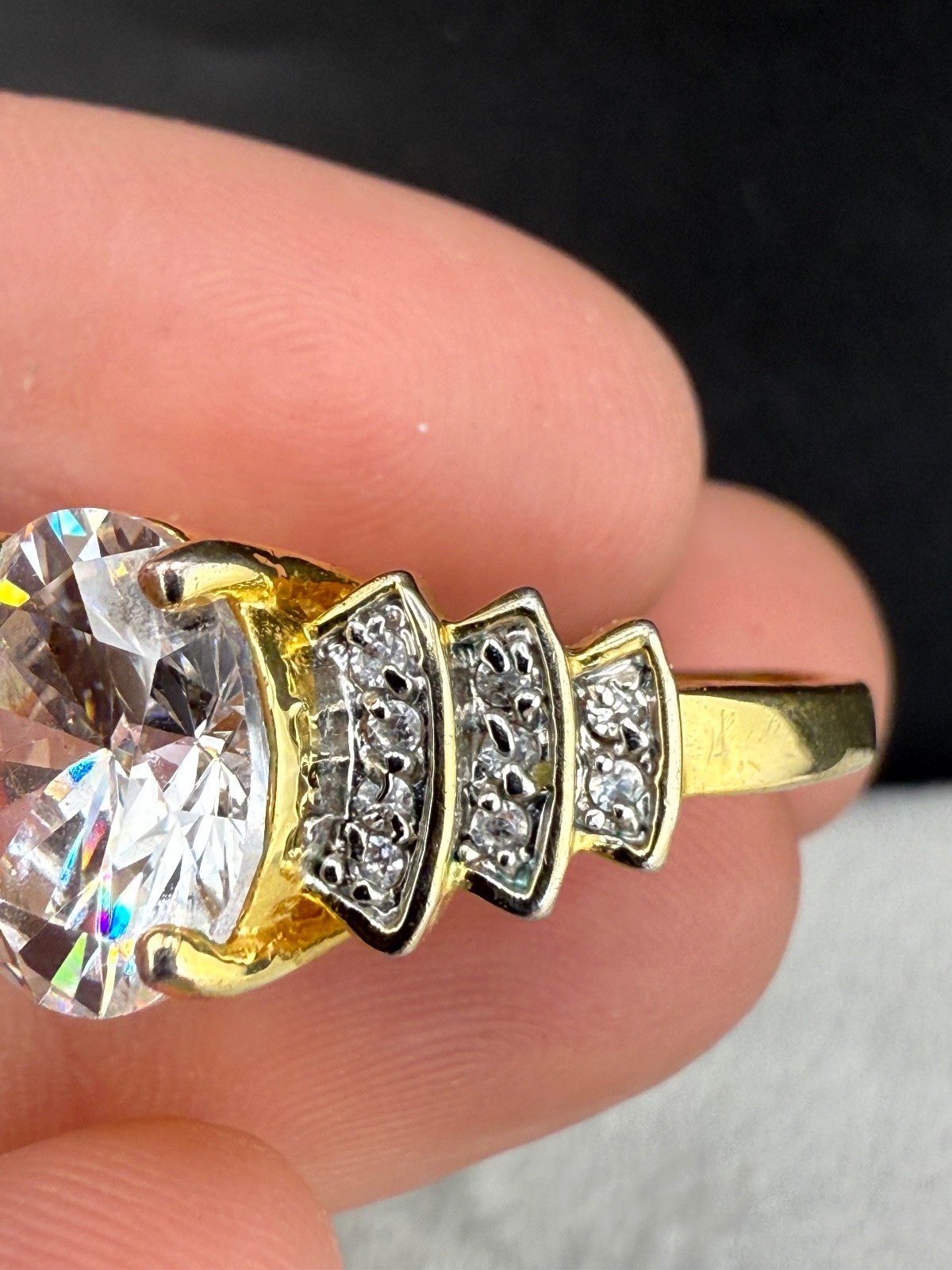 Cocktail Ring Gold Tone Statement Rhinestone Sign… - image 3