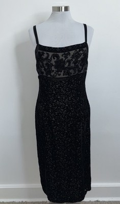 ABS Allen Schwartz Dress Sz 14 Black Vtg 90s Y2K Velour Beaded Witchy Whimsigoth
