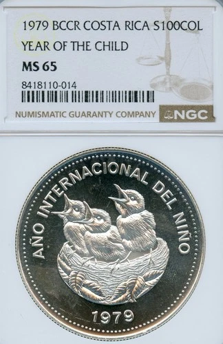 COSTA RICA 100 COLONES 1 OUNCE SILVER CROWN 1979 MS-65 NGC GEM YEAR OF THE CHILD