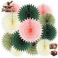 PapierfäCher Set 12 StüCk Beige SalbeigrüN Pompoms HäNgende Girlande Deko
