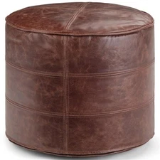Simpli Home Connor Boho Round Pouf in Distressed Brown Genuine Leather