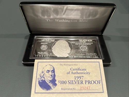 1997 Washington Mint Franklin $100 Dollar Silver 4 oz Proof Bar COA