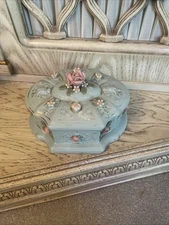 Vintage Powder Blue Jewelry Casket Trinket Box Baroque Rococo Flowers Coquette