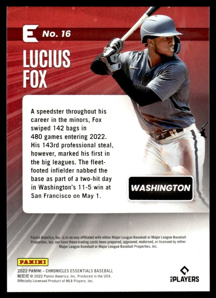 2022 Panini Chronicles Essentials Lucius Fox Washington Nationals #16 - Image 2 of 2