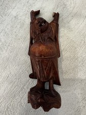 Vintage Carved Wooden Happy Laughing Buddha Figurine Eyes Teeth Inlaid 4  Vtg