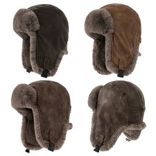 Leather Trapper Hat Faux Fur Lined Russian Style Ski Warm Winter Cap Unisex