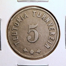 NICE Michigan token - Teutonia Turnverein, 5¢, Saginaw, Mich.