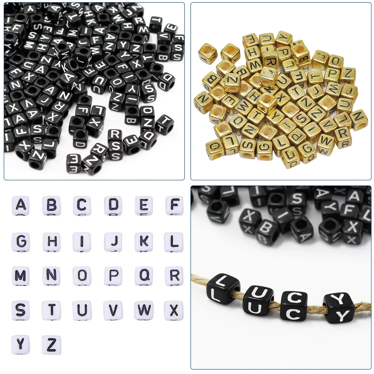 100pcs Acrylic Square Letter Beads (6mm) White Beaded With Black Letters  For Diy Keychains, Beading Accessories