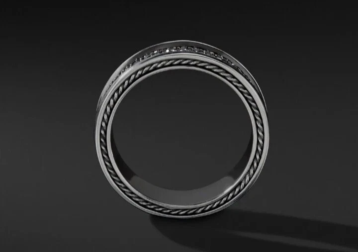 Anel feminino David Yurman prata esterlina três fileiras de diamantes pretos pavê - Imagem 2 de 4