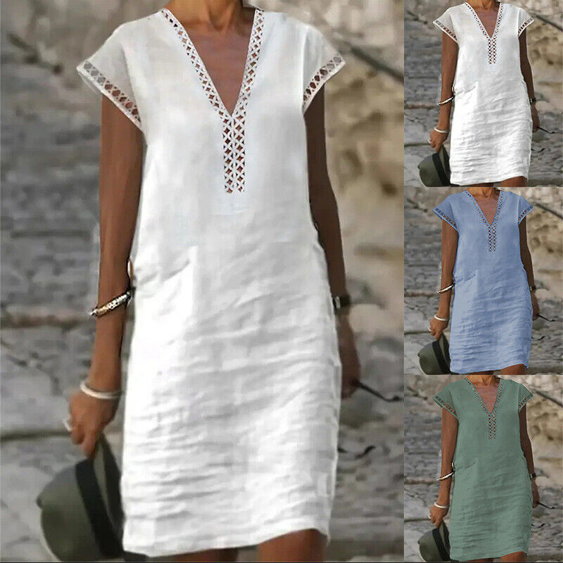 Womens V Neck Hollow Out Floral Short Sleeves Summer Casual Cotton Linen  Dress