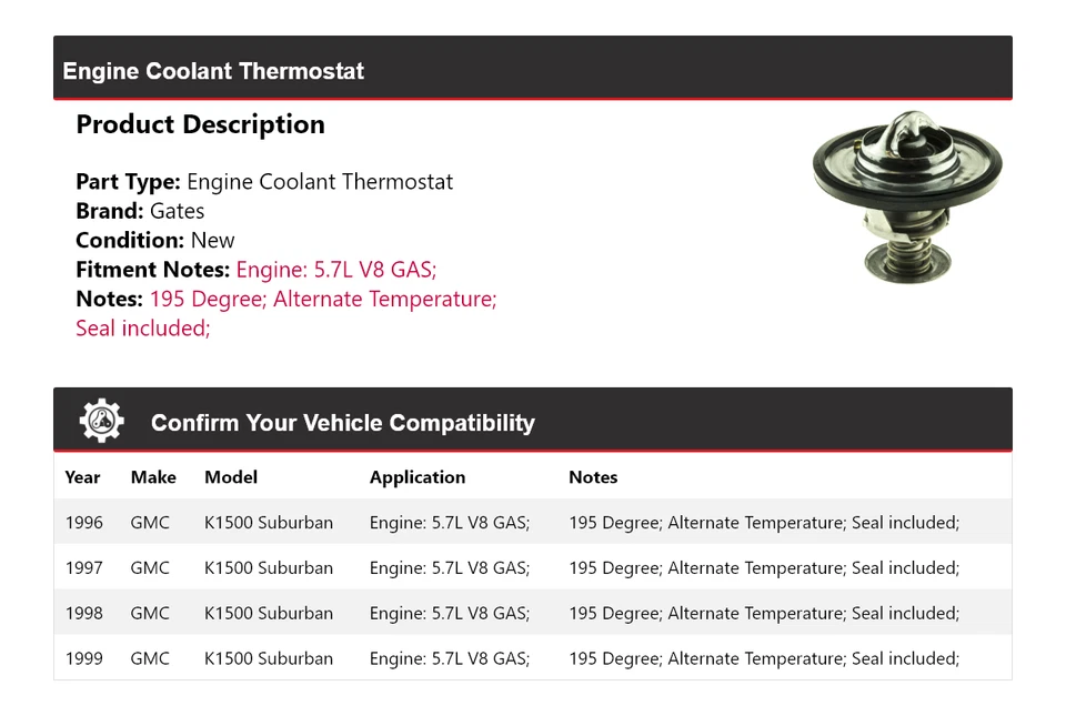 Portões termostato líquido refrigerante motor GAS 1996-1999 GMC K1500 Suburban 5.7L V8 - Imagem 2 de 4