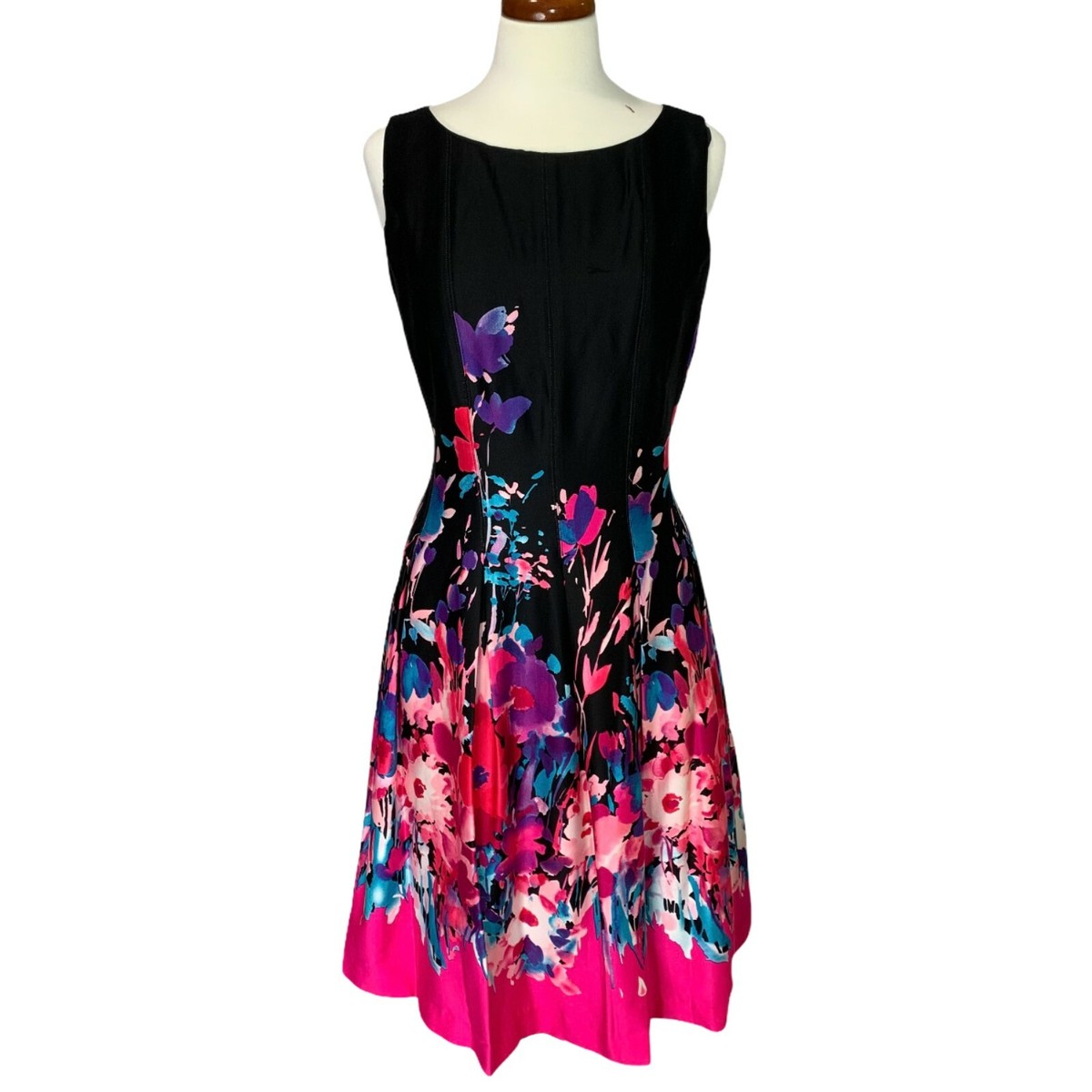 chetta b fit and flare dress Chetta B. Dress NWT Size 6 Black Fuschia Fit and Flare Sleeveless Lined