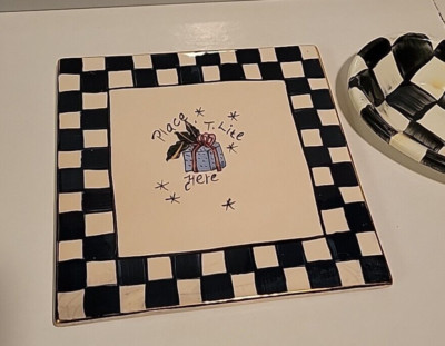 Vintage ''Place t.lite here'' Tealight Trivet Black & White Checked 6 x6 