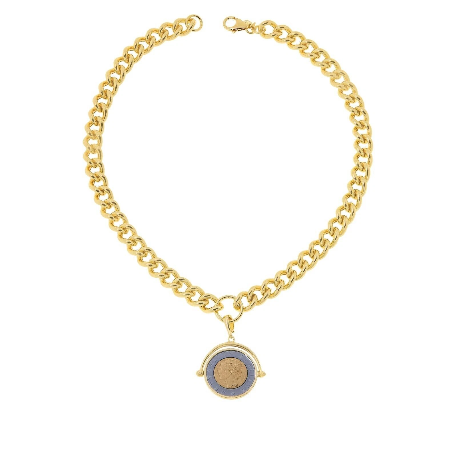Bellezza 18" Bronze Lira Coin Flip Pendant with Curb-Link Necklace Two Tone - product detail image 1