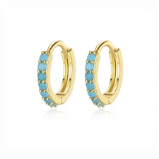 Gold Plated Hoop Earrings With Turquoise Stone Unisex Fashion Jewelry Women, Men