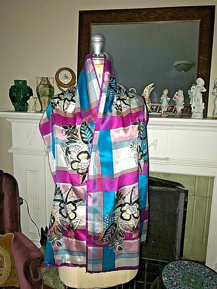 Oscar de la Renta Bufanda Larga de Seda Cuadros Floral Años 80 Magenta Verde azulado Negro COMO NUEVO   Foto 4 de 4