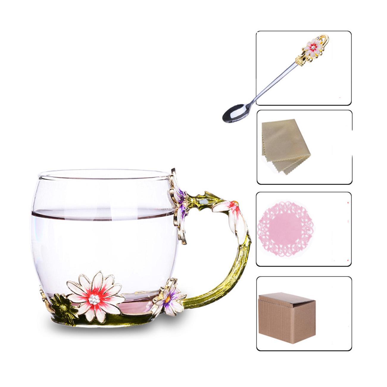 Enamel Glass Flower Tea Cup Coffee Mug Cups + Spoon Set Box Party