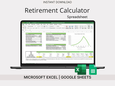Retirement Calculator for Microsoft Excel & Google Sheets (Green) - Financial