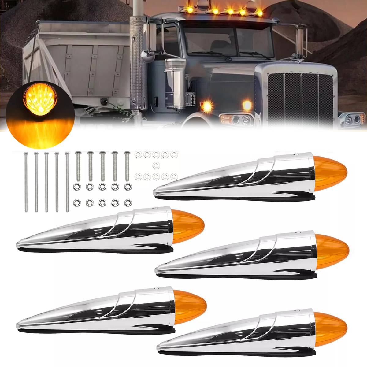 5x 17 LED Amber Torpedo Cab Roof Top Marker Light For Kenworth Peterbilt Truck - View #5