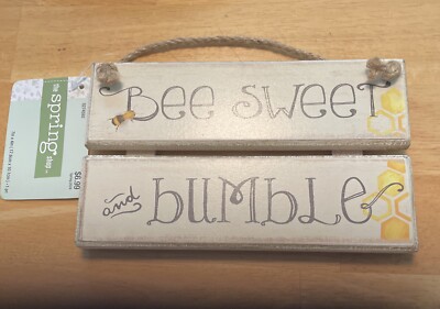 New! ''Bee Sweet & Bumble'' Hanging Wood Sign Decor Farmhouse Cottage Hive Honey