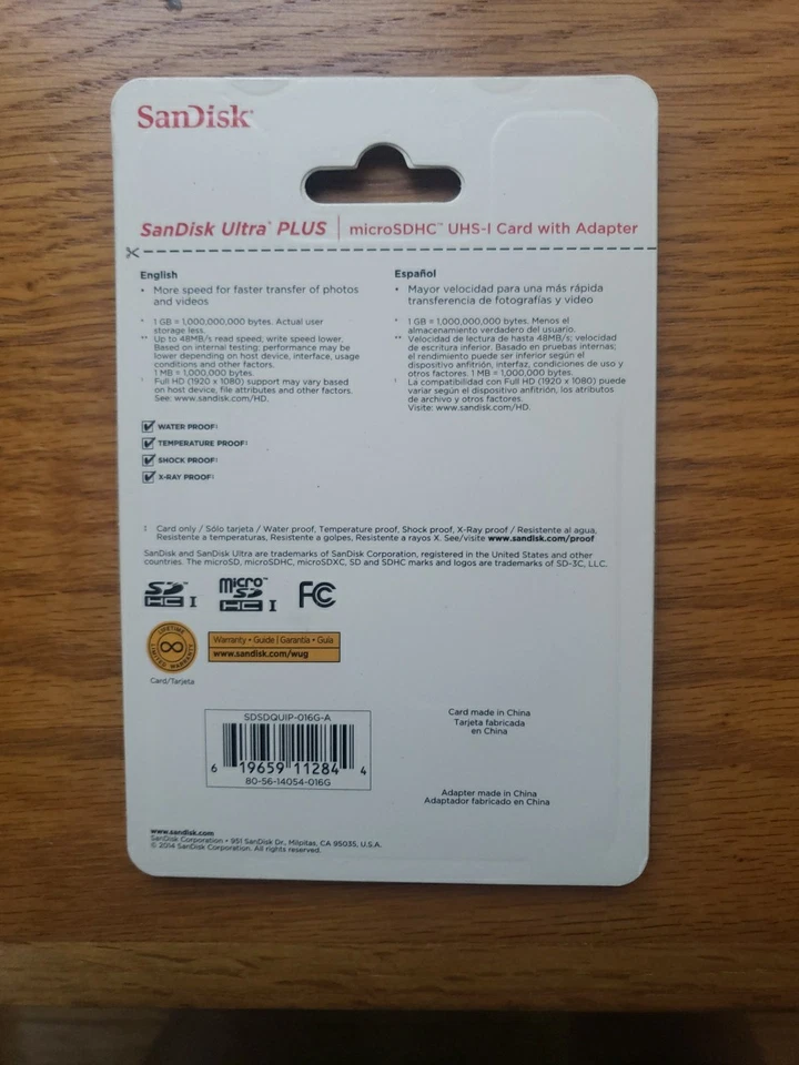 New in Package SanDisk Ultra Plus 16GB MicroSDHC UHS-I Memory Card with Adapter - Image 2 of 2