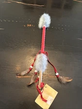 Southwest Indian Mimbres Talking Stick Feathers Red Leather  Small. Vtg (a3