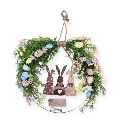 Easter bunny wreath, featuring 3 wooden rabbits, decorative pastel eggs & lights