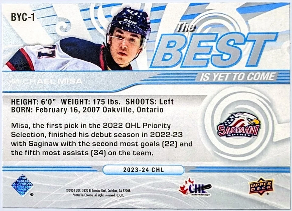 2023-24 CHL The Best Is Yet To Come Michael Misa #BYC-1 Saginaw Spirit RARE Sp - Image 2 of 2