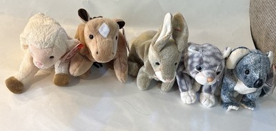 Lot of five TY original Beanie Babies Every, Derby, Nibble, Silver, Eucalyptus