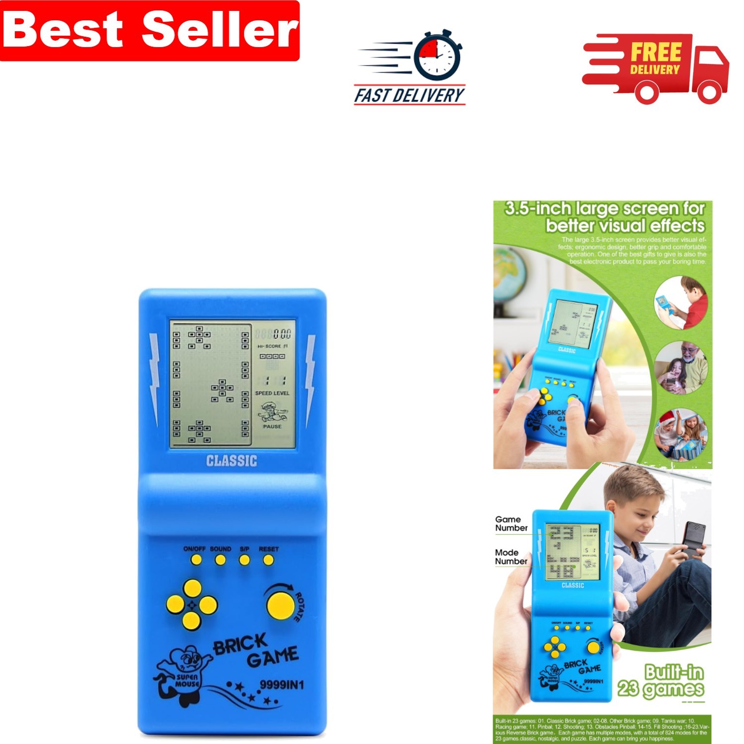 3.5-Inch Retro Brick Game Console with 23 Built-In Classic Games - Blue