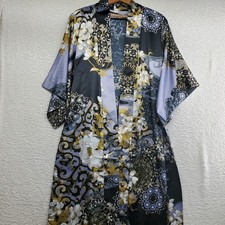 Natori Women  s Asian Kimono Robe XS Navy Gold Silky Satin Floral Long Maxi