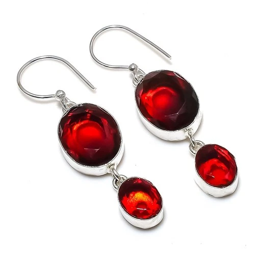 Mozambique Garnet Gemstone Handmade 925 Sterling Silver Jewelry Earring 2.01"