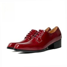 Men Leather Shoes Wine Red Square Toe Shoes Chunky Heels Lace Up Nightclub Shoes