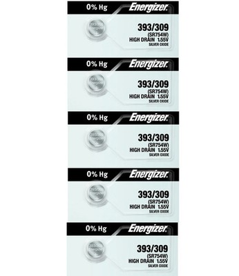 Five (5) Energizer 393/309 SR754W Silver Oxide Watch Battery**
