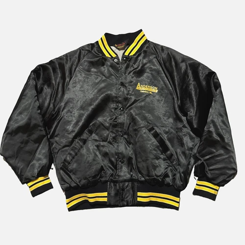Vintage Pla-Jac Dunbrooke Satin Lined Bomber Jacket USA XL Button Black Yellow - product listing photo
