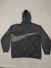 Vintage Nike Hoodie Mens Large Black Full Zip Big Swoosh Fleece Graphic Athletic