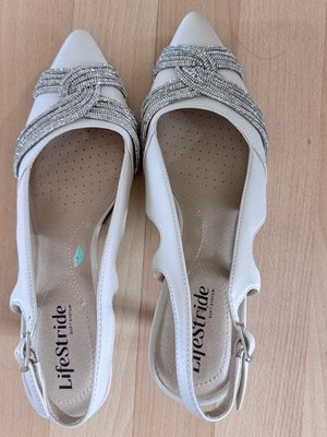 LifeStride Women's White Silver Slingback Stiletto Glitter Pointed Toe Heels 8