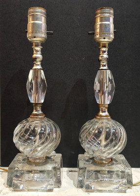 NICE Pair ~ Vintage 12'' Art Deco SWIRL GLASS BOUDOIR Table Facet Dresser LAMPS