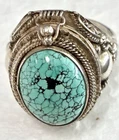 Vtg Sterling .925 & Polished Turqoise Cabochon Poison Ring Sz 9.5 Tibet~ 11.26gr