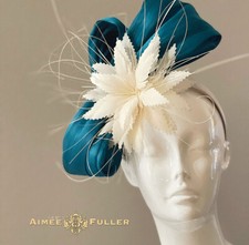 Aimee Fuller Kentucky Derby Fascinator White Teal Green White Royal Ascot Hat