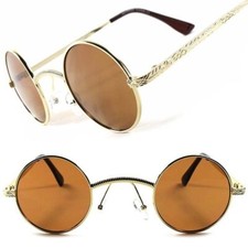 Gold Brown Lens Vintage Retro Old Fashion Lennon Mens Womens Round Sunglasses