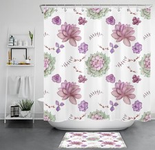 Succulent Plant Green Cactus Pink Floral Shower Curtain Bathroom Accessories Set