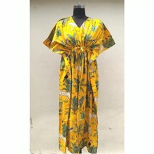 Indian Yellow Long Animal Print Cotton Hippie Maxi Women Nightwear Caftan Dress