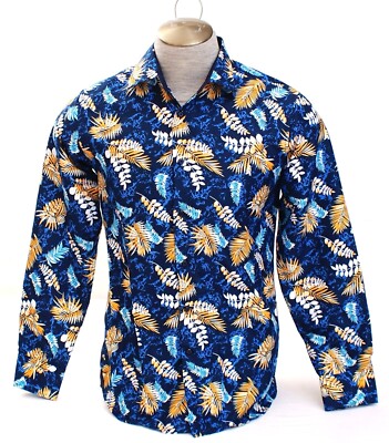 Silver Stone Floral Collection Blue Long Sleeve Button Front Shirt Men's M NWT