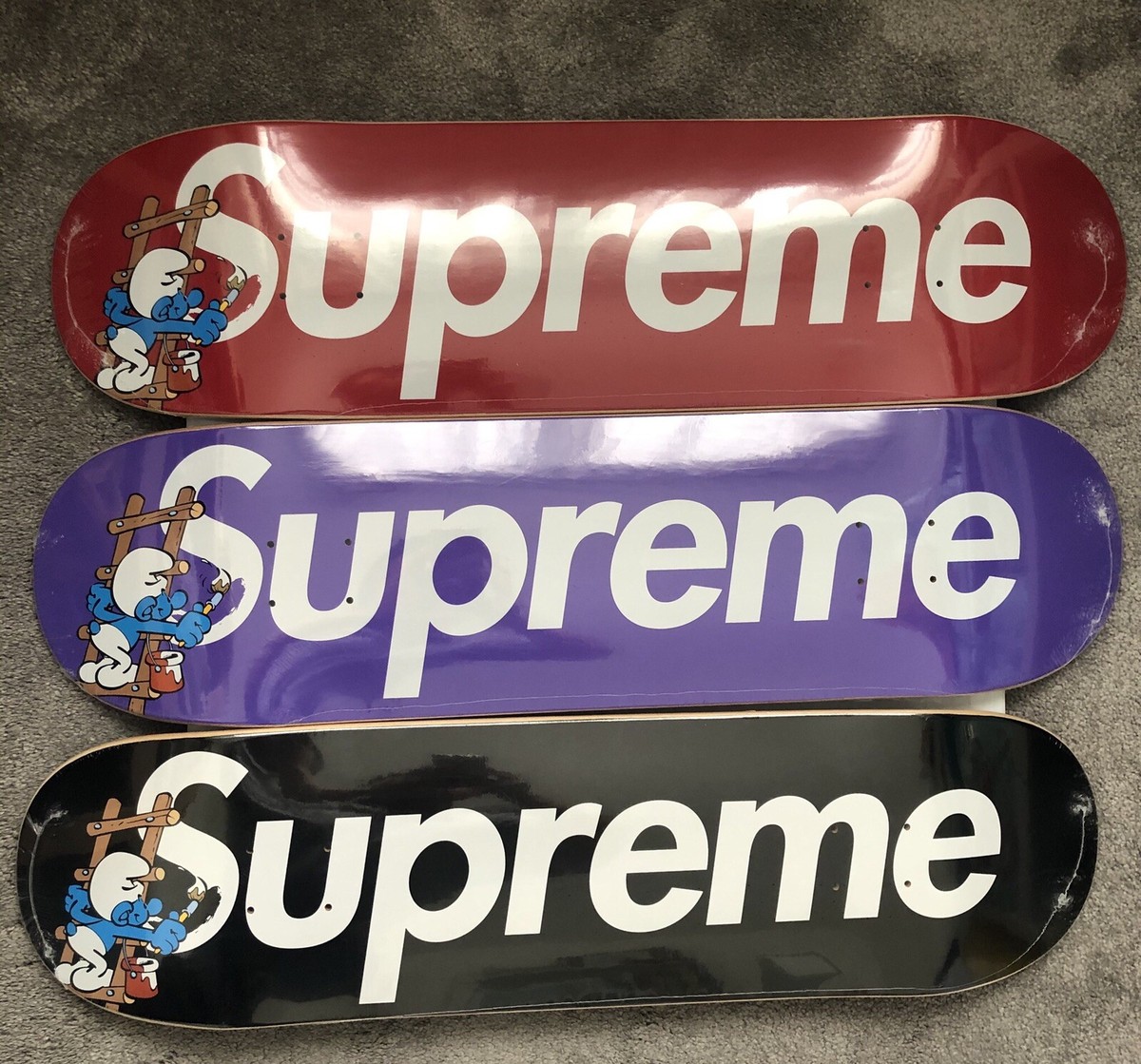 Supreme Smurf Skate Deck Red Black and Purple Set 3 Only Supreme Smurf Skate Deck Red Black and Purple Set 3 Only