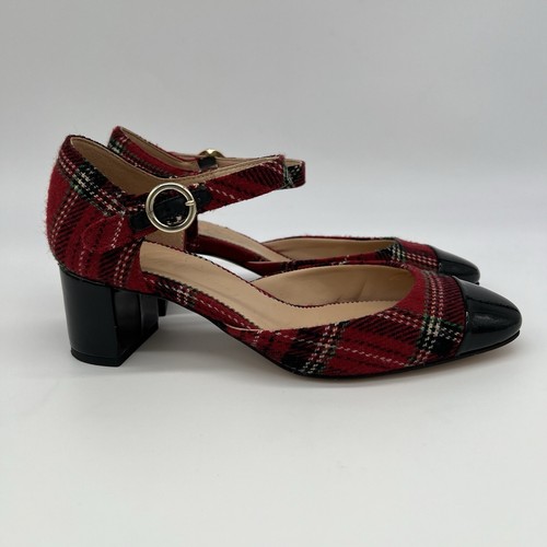 J.Crew Millie Deep Ruby Plaid Patent Toe Ankle Strap Block Heels Pumps Size 6.5 - 第 2/13 張圖片