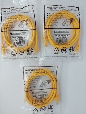 MONOPRICE 9838 Ethernet Patch Cord Cat6 Flexboot Yellow 7ft 3 pack