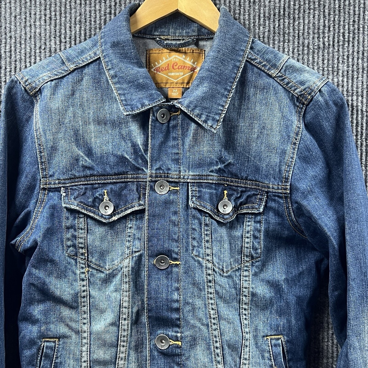 Red Camel Denim Jacket Mens Medium Blue Jean Distressed