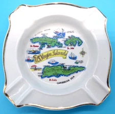 Vintage U.S. Virgin Islands Map 5 1/2" Ashtray Gold Trim Made in England Sparkys